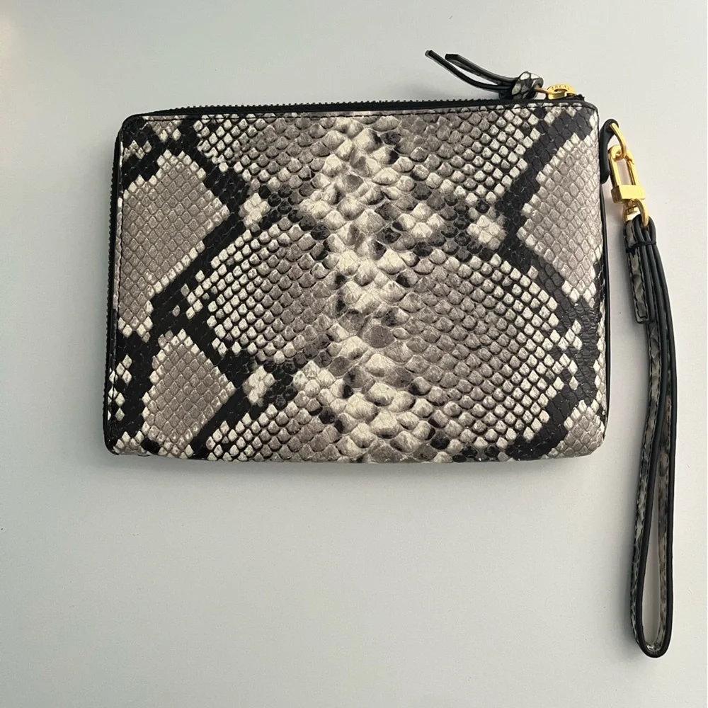 Tory Burch Britten Large Leather Wristlet in Natural Embossed Snake